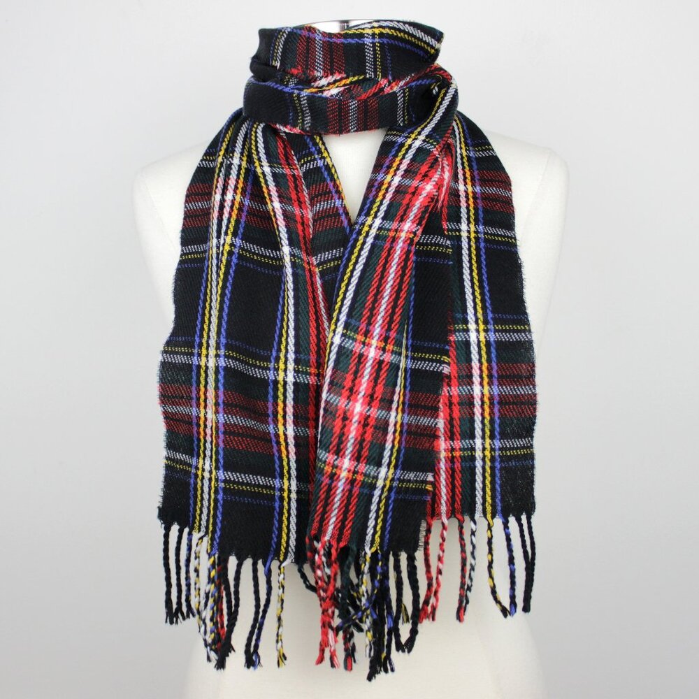 Vintage Black Plaid Scarf with Fringe